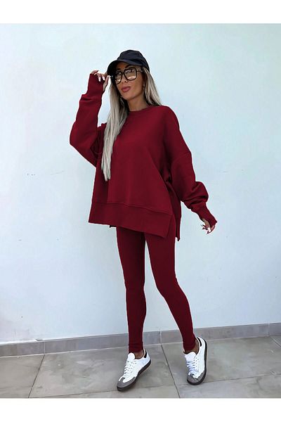Know Women's Burgundy Slit Detailed Crew Neck Bottom Top Leggings Tracksuit Set