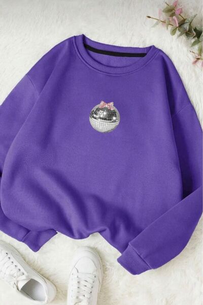 stg spor toptan giyim Hanorac pentru femei, mov, cu imprimeu Disco Ball, cu gât crew