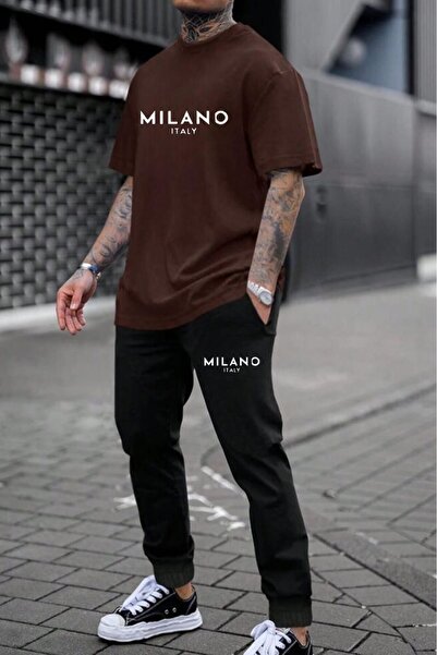 NO 601 Ανδρικό μπλουζάκι Milano με στάμπα καφέ Μαύρο Σετ φόρμας κάτω από το πάνω μέρος