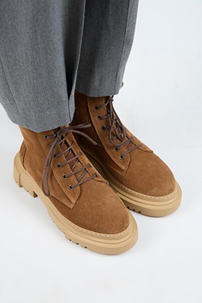 Manijero (Dilzar) Kadın Hakiki Deri Bağcıklı İçten Fermuarlı Taba Bot