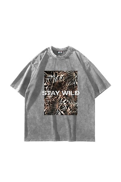 Sekizbiraltı Πρόχειρο Εκτύπωση Stay Wild Leopard Printed 24/1 Oversize Unisex Πλενόμενο λευκό μπλουζάκι
