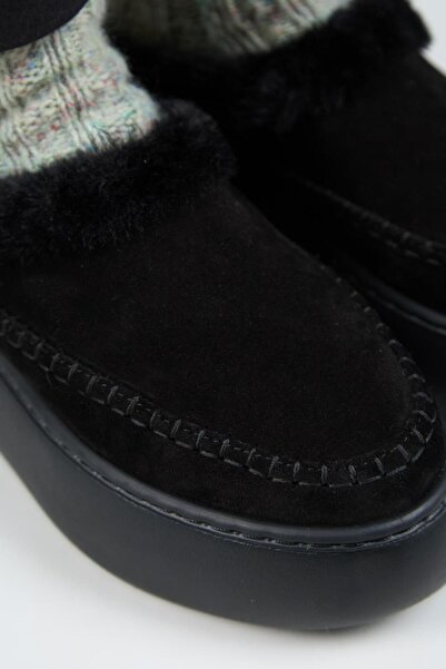 Manijero (Bazin Kürklü) Жіночі справжні шкіряні сабо з хутром на платформі, чорні тапочки