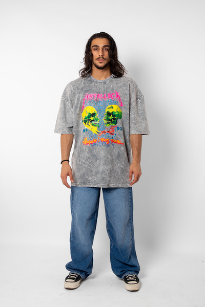 Sekizbiraltı Λευκό μπλουζάκι με στάμπα Metallica Skull Unisex Oversize - Πλένεται όλο το 24ωρο