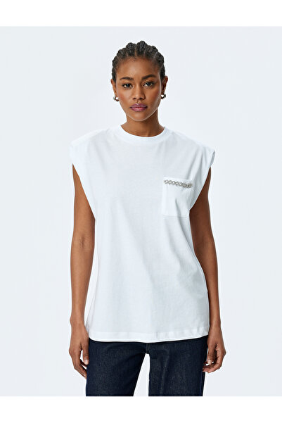 Koton Cotton Short Sleeve Basic Padded T-Shirt with Rhinestone Pocket Detail