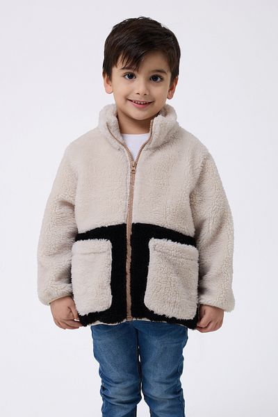 Firststops Sports Boy's Plush Ecru Black Zippered Welsoft Coat