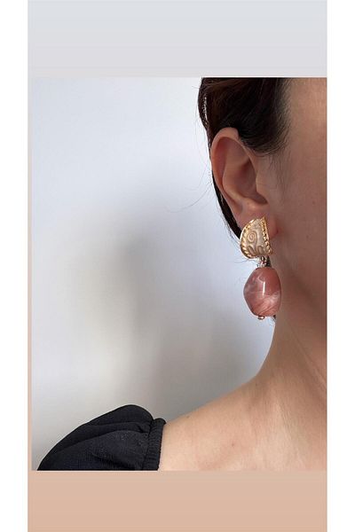 Pelin Aksesuar Pink Cream Beaded Ethnic Patterned Earrings