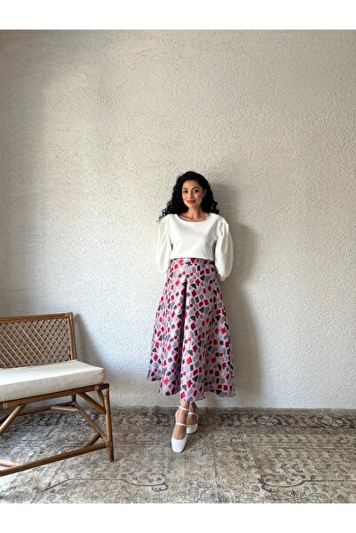 KÜÇÜĞÜM BUTİK Fusta evazată din brocart pastel roz