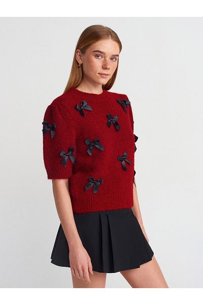Dilvin 10673 Pulover tricotat cu mânecă scurtă cu fundă cu gât și fundă - Burgundy