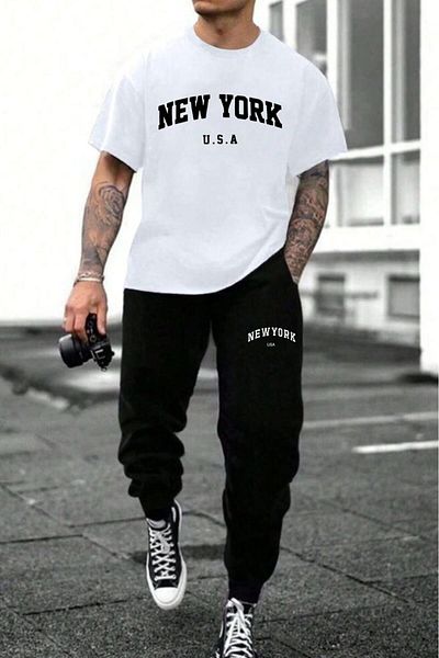 NO 601 Men's White New York Printed Thsirt Black Tracksuit Set