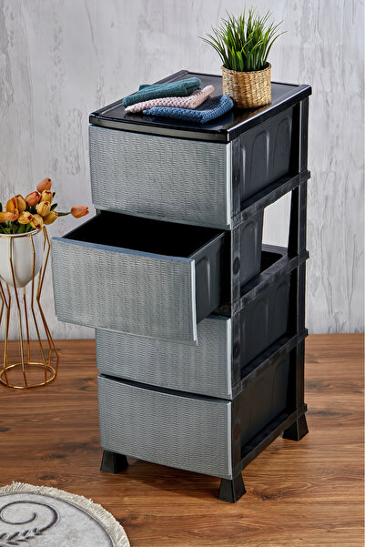 Homie 4 Katlı Çekmeceli Hasır Desenli Kapaklı Plastik Komidin - Sebzelik - Çekmece