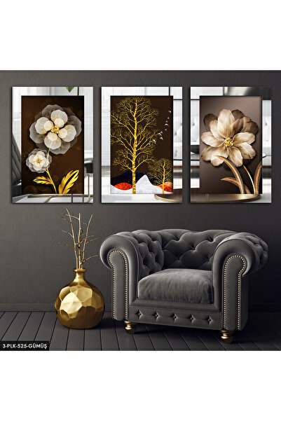 Evinemoda Çiçek Ağaç Gümüş 3 Parça Pleksi Aynalı Tablo