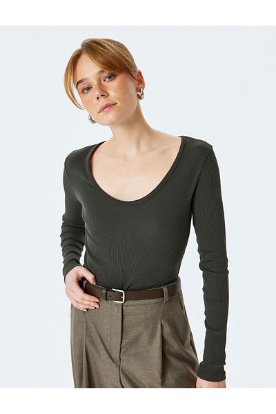 Koton Cotton Long Sleeve U-Neck Slim Fit Ribbed T-Shirt