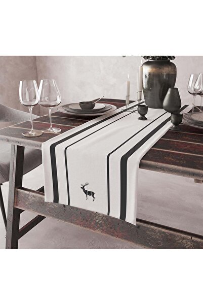 ASDİVA Sade Modern Tasarımlı Yılbaşı Siyah-Beyaz Geyik Desenli Dijital Baskılı 45x140 Dekoratif Runner