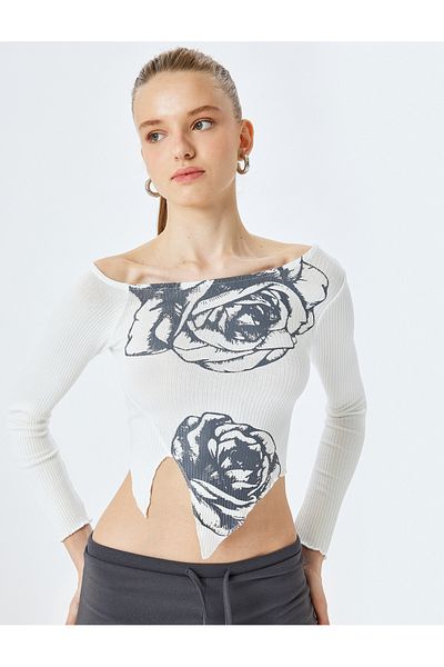 Koton Asymmetrical Long Sleeve Boat Neck Rose Print Ribbed T-Shirt