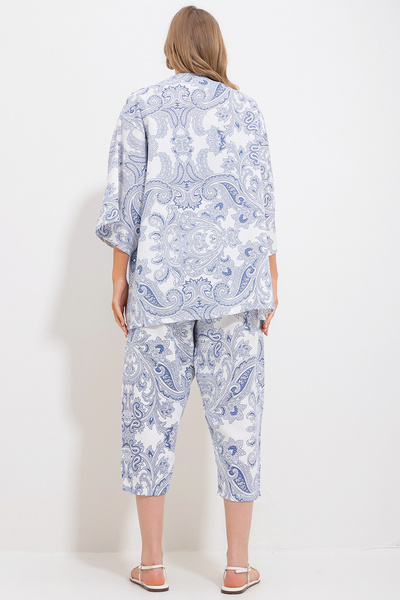 VAGGON Жіноча куртка-кімоно з візерунком індиго та штани з лляного тканого верху та низу