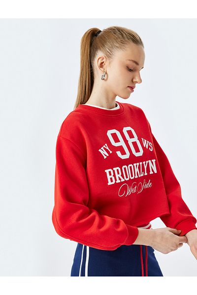 Koton Raised College Printed Crew Neck Crop Sweatshirt