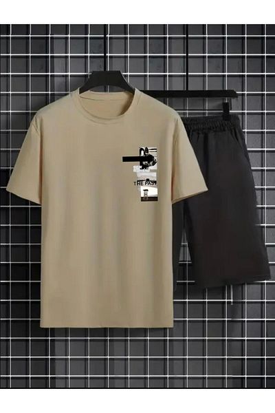 NO 601 Men's Beige New Moment Printed T-Shirt Black Short Set