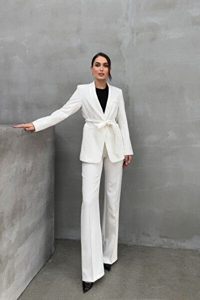 msm fashion Kadın Ikili Kuşaklı Blazer Ceket Pantolon Takım