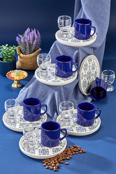 Erbaşlar Blue Violet 18-Piece Coffee Cup Set for 6 People with Presentation Plates, Coffee Side Cups, Set