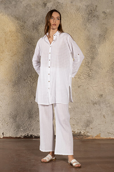 Sosyete Kaplumbağa Vual Pamuk Uzun kol, Kare desenli, Yırtmaçlı Gömlek Tunik ...