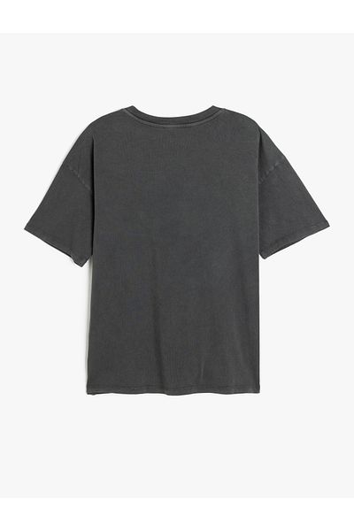 Koton Slogan Printed Short Sleeve Crew Neck Washed Oversize T-Shirt