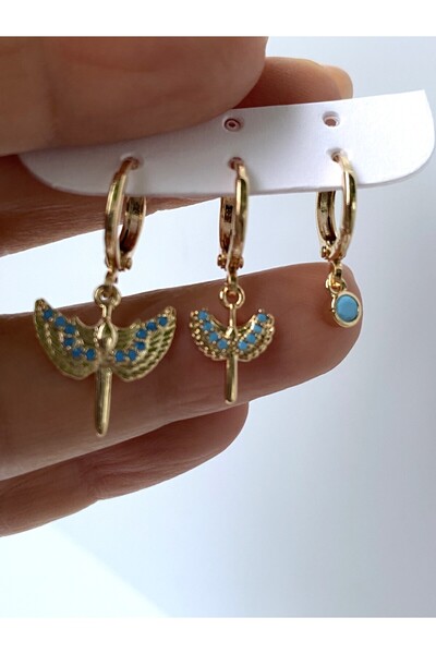 kurukafagift Mikail Angel Gold Color Blue Stone Triple Earrings Set