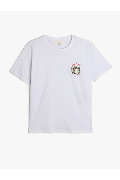 Koton Tricou cu mânecă scurtă cu decolteu rotund cu broderie de pisici din bumbac