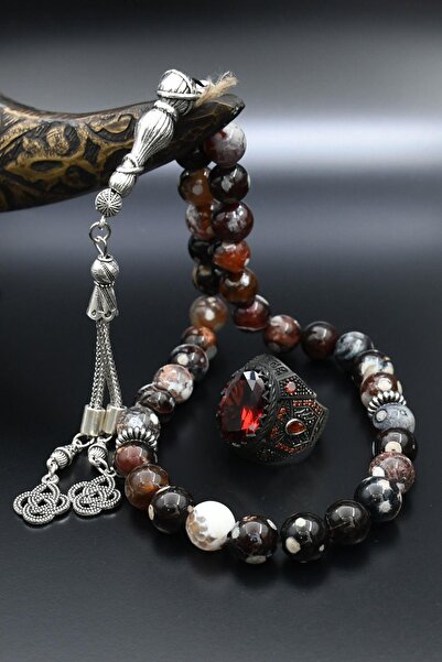 Prestige Doğal Damarlı Akik Taşlı Tesbih Ve 925 Ayar Gümüş Erkek Yüzüğü Kırmızı Zirkon Taşlı 901427