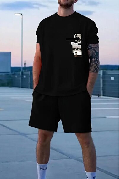 NO 601 Men's Black New Moment Printed T-Shirt Black Short Set