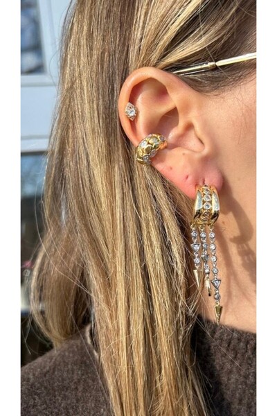 illys Gold Plaka Silver Zincir Detaylı MRS Model Sallantılı Çivi Küpe