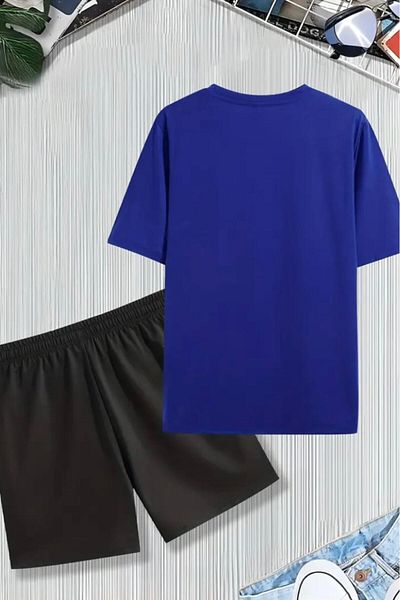 NO 601 Men's Saksblue New Moment Printed T-Shirt Black Short Set