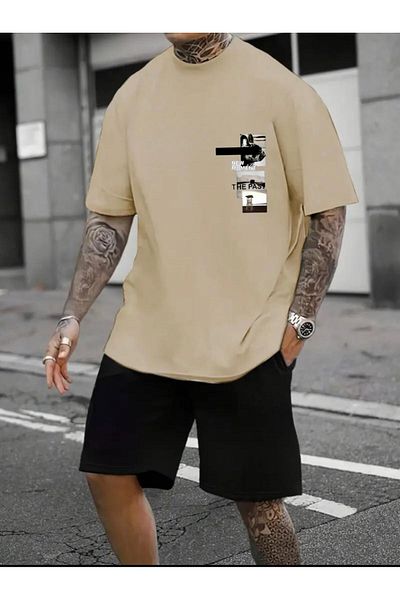 NO 601 Men's Beige New Moment Printed T-Shirt Black Short Set