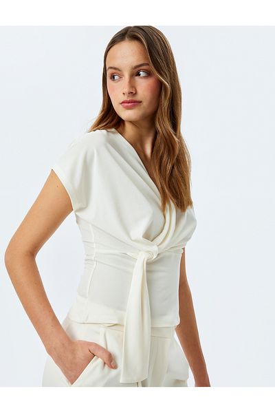 Koton Sleeveless Double Breasted Blouse with V Neck Knot Detail