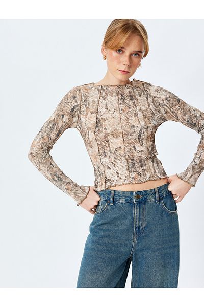 Koton Snakeskin Print Long Sleeve Crew Neck T-Shirt