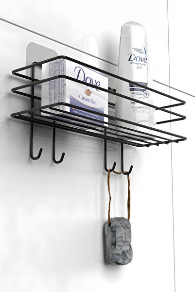 Genel Markalar Siyah Yapışkanlı Kancalı Banyo ve Mutfak Rafı Çok Amaçlı Tekli Raf
