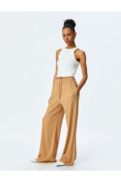 Koton Texturized High Waist Wide Leg Trousers with Lace-Up Waist