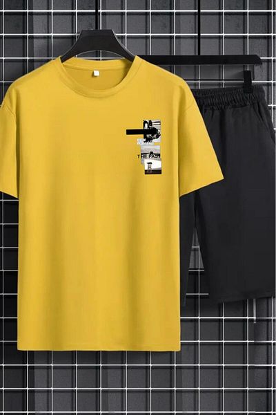 NO 601 Men's Yellow New Moment Printed T-Shirt Black Short Set