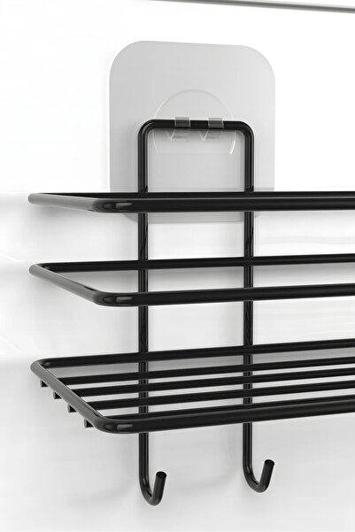 Genel Markalar Siyah Yapışkanlı Kancalı Banyo ve Mutfak Rafı Çok Amaçlı Tekli Raf