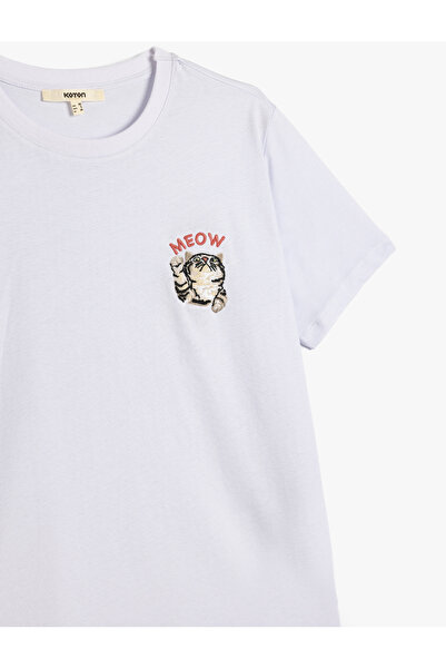 Koton Tricou cu mânecă scurtă cu decolteu rotund cu broderie de pisici din bumbac