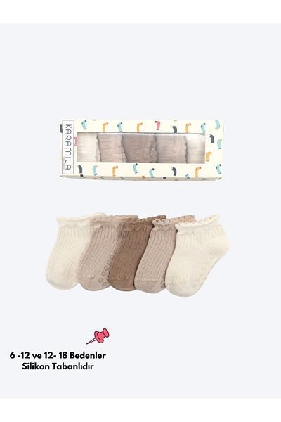 KARAMİLA 5-Piece Ruffled Baby Girl's Short Socks Seamless Bamboo (after 6 Months Sizes Are Silicone Bottom)
