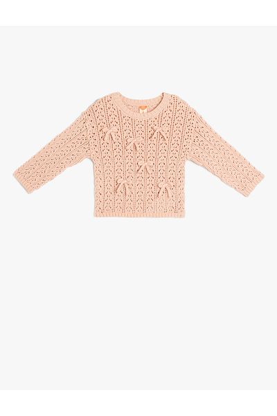 Koton Bow Detailed Openwork Crew Neck Long Sleeve Knitwear Sweater