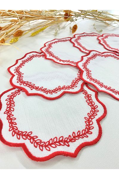 İNCİ ÇEYİZ 6 Pieces Linen Fabric Embroidered Coffee Side Cocktail Napkin & Coasters