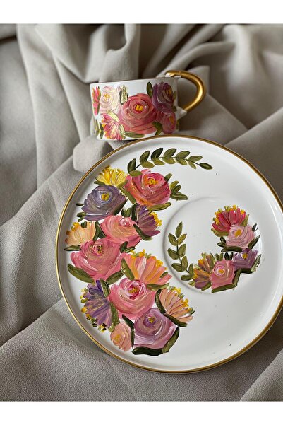 Store Special Design Hand Painted Gift Pink Flowers Themed Turkish Coffee Cup (1 Piece)