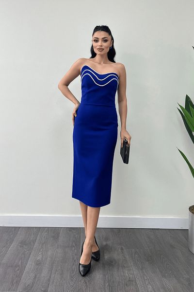 giyimmasalı Atlas Fabric Strapless Pencil Dress - Saks Blue