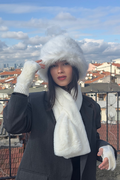 Mollycrush Women's Winter Plush Bucket - Gloves Set of 3, White Faux Fur