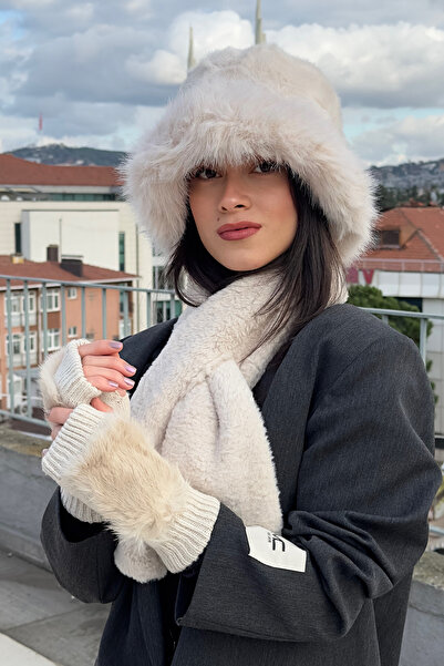 Mollycrush Peluş Bucket Kalpak Atkı Eldiven 3'lü Set | Kadın Kışlık Suni Kürk...