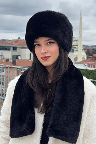 Mollycrush Γυναικείο χειμερινό βελούδινο κασκόλ ρωσικού στυλ - Μαύρο σετ 2 τε...