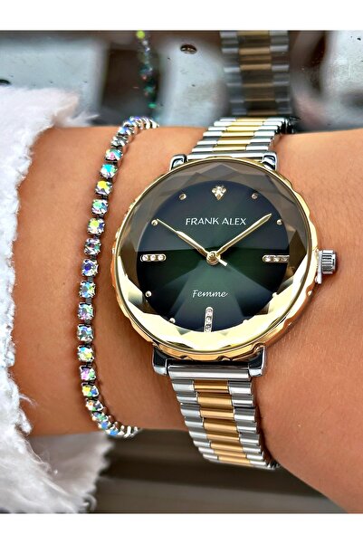 Frank Alex YEŞİL TAŞ RAKAM KADRANLIKESME CAMLI GOLD GÜMÜŞ METAL KADIN KOL SAATİ