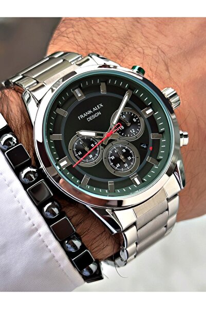 Frank Alex YEŞİL KADRANLI TAKVİMLİ FUNCTION GÜMÜŞ METAL ERKEK KOL SAATİ