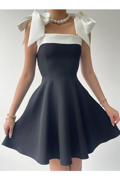 bayansepeti Black Atlas Fabric Pruhed Bez ramínek s límcem kravatový popruh Detail rozšířené mini šaty 245